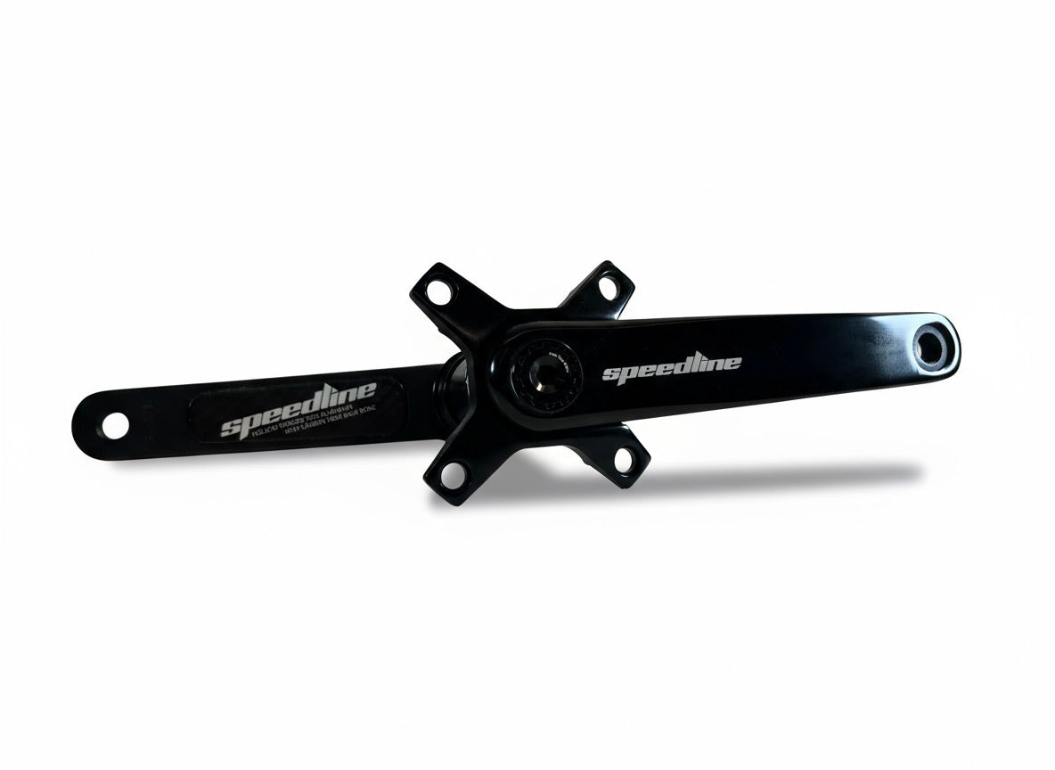 Black bicycle BMX Racing crankset with &#39;speedline&#39; branding on a white background