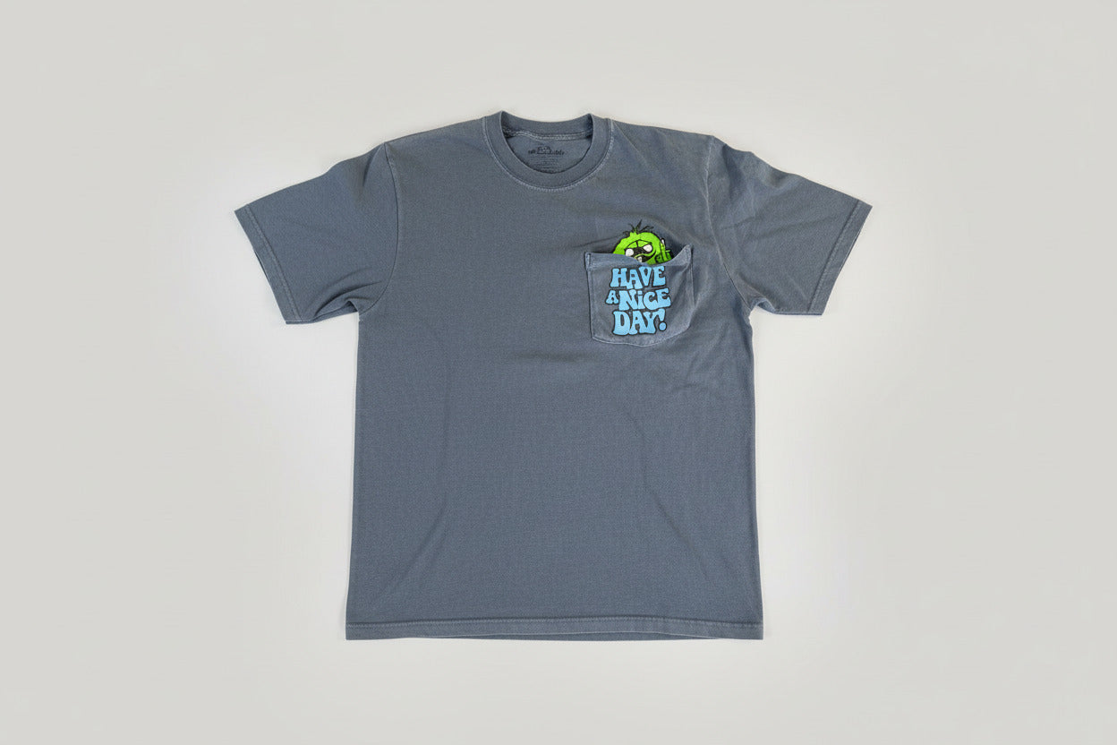 Gray shirt with a colorful graphic and text 'Have a nice day!' on the pocket.