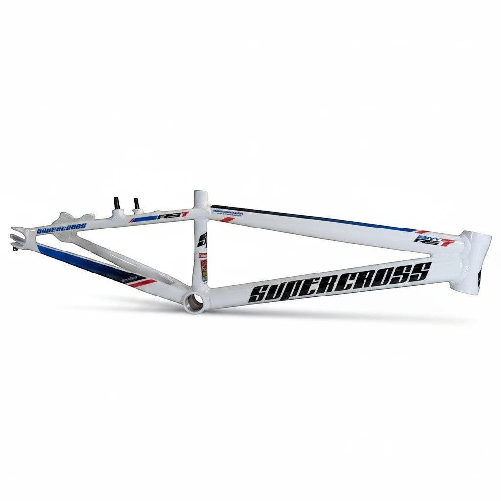 Supercross BMX 2026 ENVY RS7 24 inch cruiser race frame in gloss white with blue and red accents.