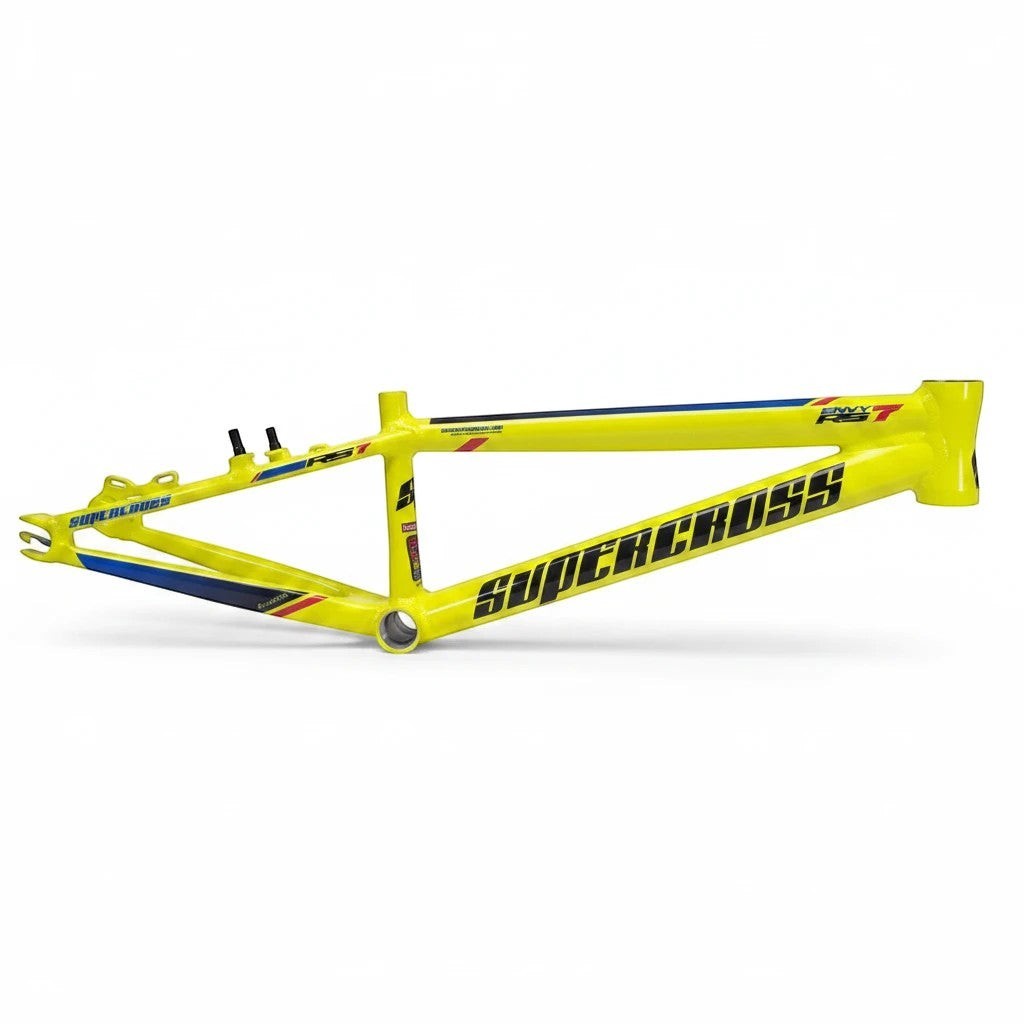 Supercross BMX 2026 ENVY RS7 24-inch cruiser race frame in hi-vis yellow aluminum with blue and red branding details.