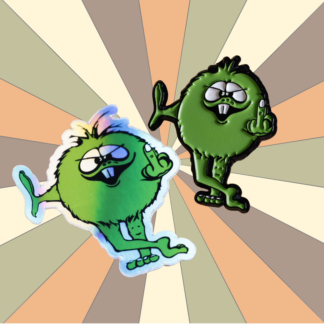 Décalcomanie et épingle rétro BMX des années 80 | Vert BMX Troll Flips Bird | Ensemble d'épingles et d'autocollants